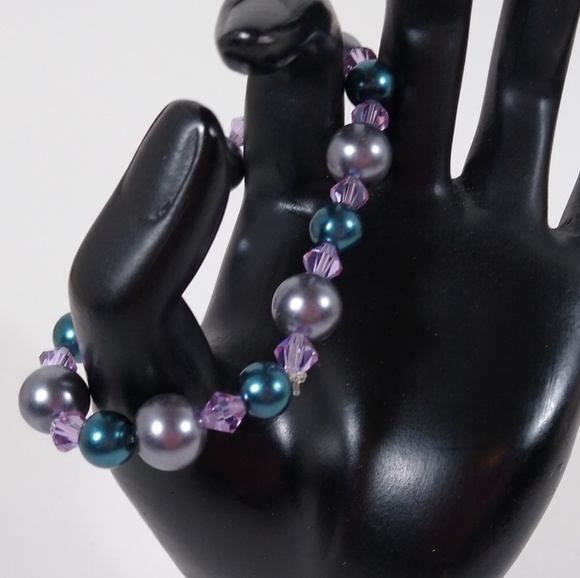 Bracelet Metallic Blue Gray Purple Beads Stretch - Picture 2 of 3